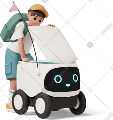 School boy with delivery robot PNG, SVG