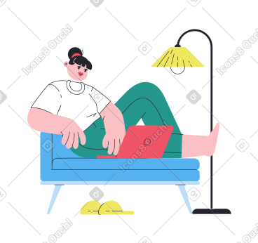 女人在沙发上用笔记本电脑远程工作 PNG, SVG