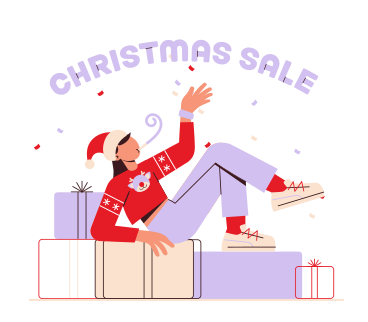 Lettering Christmas Sale with girl who sits on gift boxes text PNG, SVG
