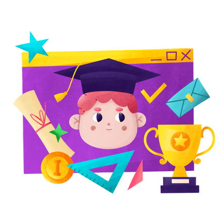 Student received gold medal and cup online graduation Illustration in PNG, SVG