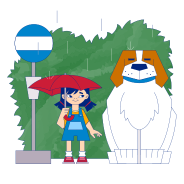 Illustration animée Fille et chien attendant le bus sous la pluie aux formats GIF, Lottie (JSON) et AE
