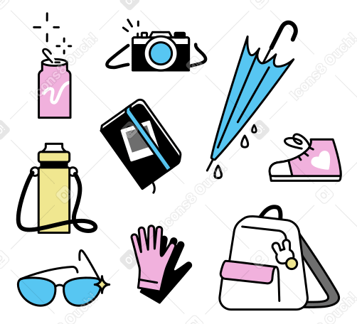 Miscellaneous travel accessories: backpack, sunglasses, umbrella, etc.  PNG, SVG