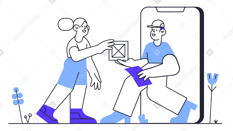 Delivery man comes out from a cell phone with a package and gives it to a woman PNG, SVG