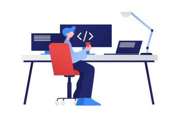 Une personne assise à un bureau devant un ordinateur PNG, SVG