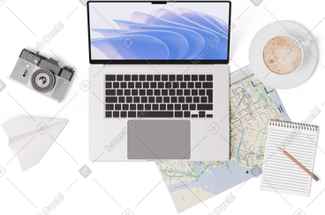 地图顶视图、笔记本电脑、相机、笔记本、一杯咖啡 PNG, SVG