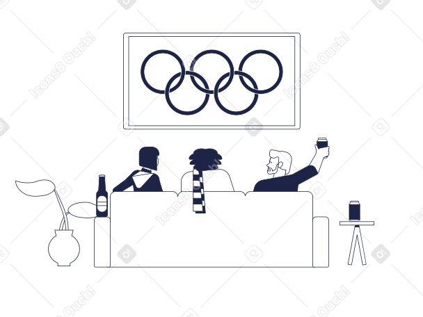Männer und eine frau sitzen zu hause auf der couch und schauen sich die olympia-übertragung im fernsehen an PNG, SVG