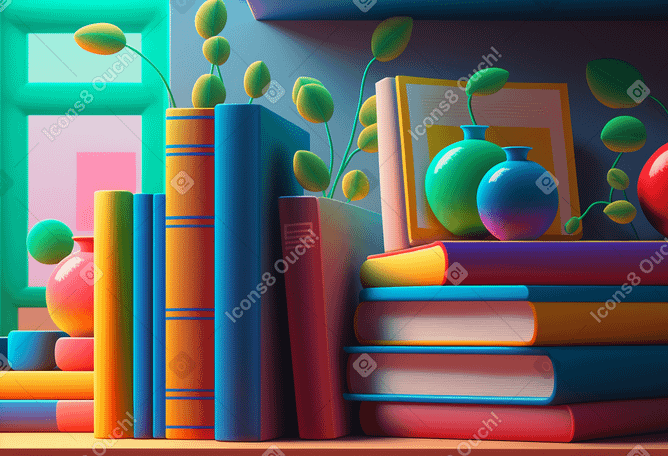 3D shelf with a bunch of books background Illustration in PNG, SVG