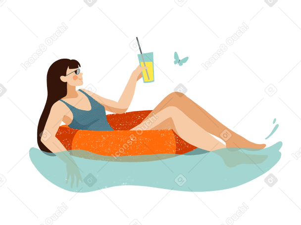 young woman chilling in the sea water on inflatable ring Illustration in PNG, SVG