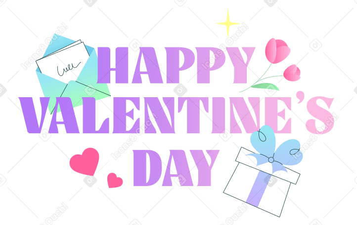 封筒、ギフトボックス、花、心を持つハッピーバレンタインデーのテキストをレタリング PNG、SVG