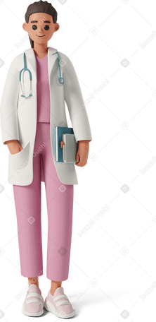 3D female doctor standing with medical records PNG, SVG
