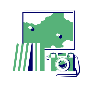 Wall map, books and photo camera PNG, SVG