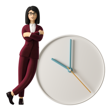 businesswoman leaning on big clock with arms crossed PNG, SVG