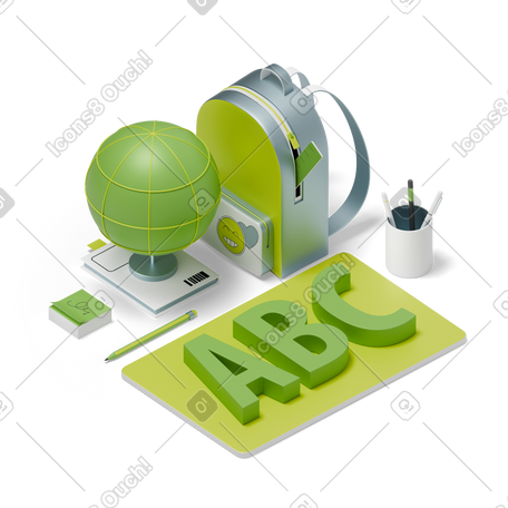 3D 用背包地球仪和铅笔文字写上 abc PNG, SVG