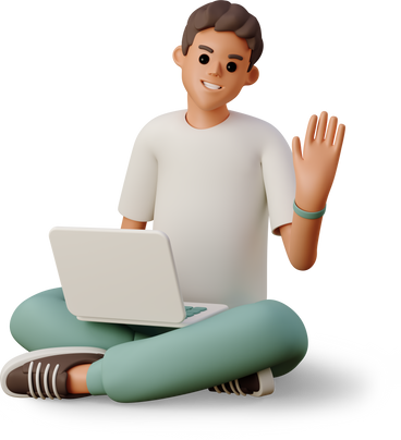 young man sitting with laptop and waving PNG, SVG