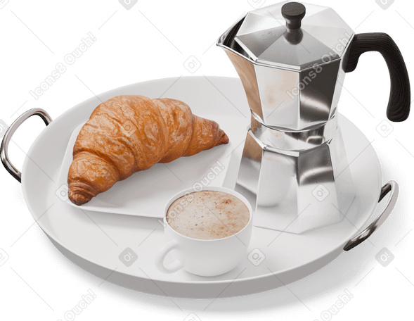 3D isometric view of tray moka pot, cup and croissant PNG, SVG