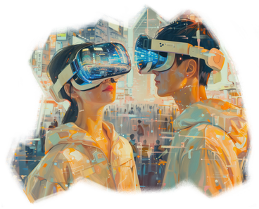 Pintura al óleo de una pareja con gafas vr PNG, SVG