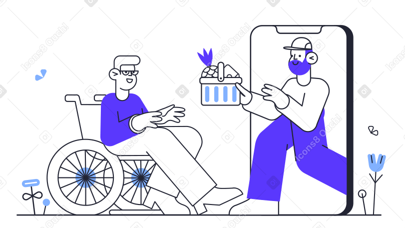 Illustration Courrier livrant des courses par téléphone portable à un homme en fauteuil roulant aux formats PNG, SVG