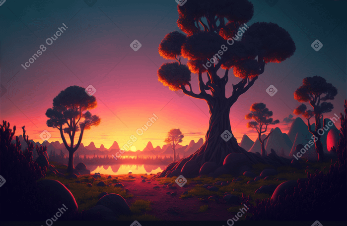 3D fantasy sunset background PNG, SVG