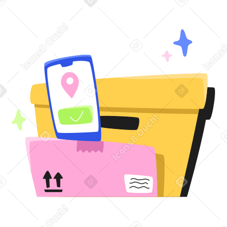 Delivered boxes and phone with a message that the order has arrived at its destination Illustration in PNG, SVG