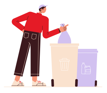 Man throwing out garbage at separate waste bins PNG, SVG