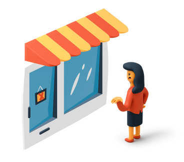 Женщина в костюме стоит перед закрытым магазином в PNG, SVG