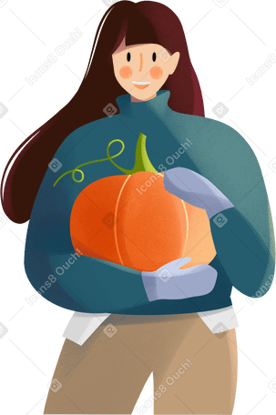 young woman holding a pumpkin Illustration in PNG, SVG