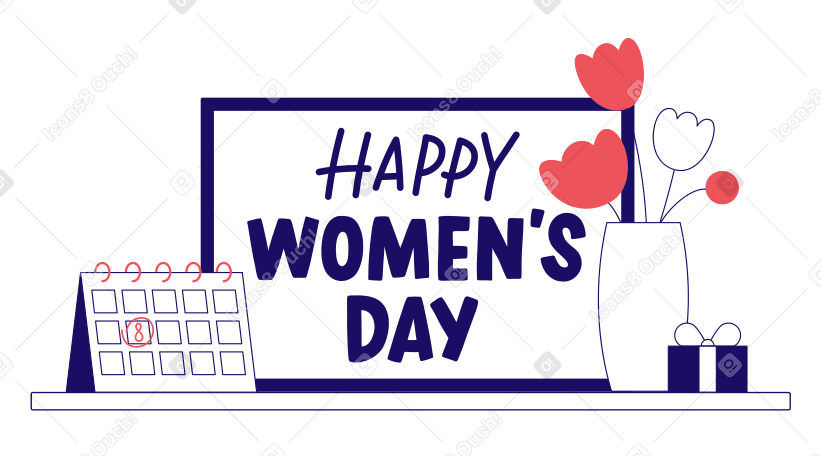 Lettrage texte de la journée des femmes heureuses avec fleur et calendrier PNG, SVG