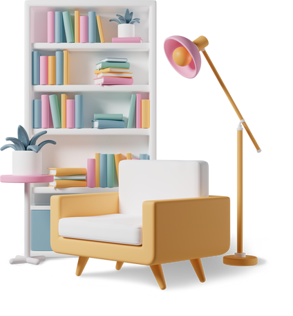 3D Interior set with armchair, bookcase, and floor lamp PNG, SVG