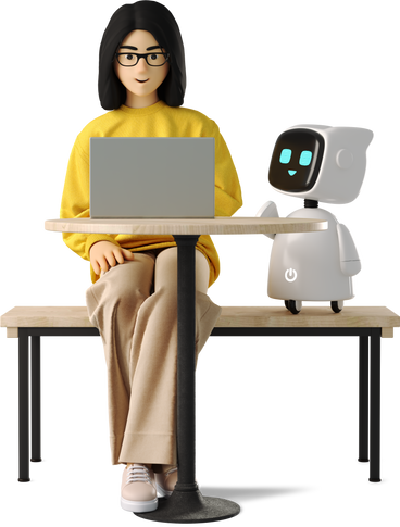 Mujer trabajando en una computadora portátil con asistente de robot PNG, SVG