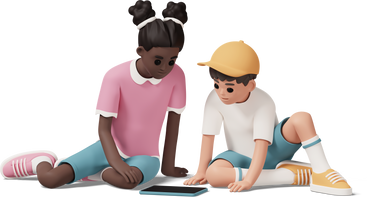 Niña y niño sentados en el suelo y viendo la tableta PNG, SVG
