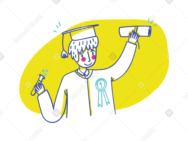 Man in graduation cap holding test tube and diploma PNG, SVG