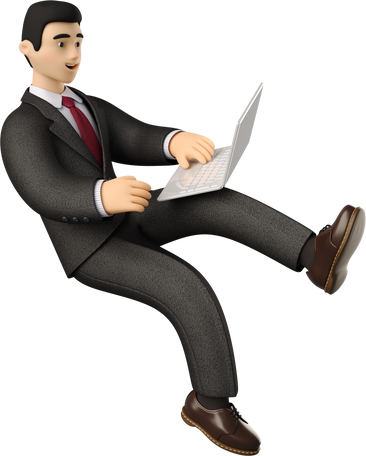 3D seated businessman in black suit with laptop PNG, SVG