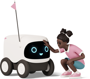 girl patting delivery robot PNG, SVG