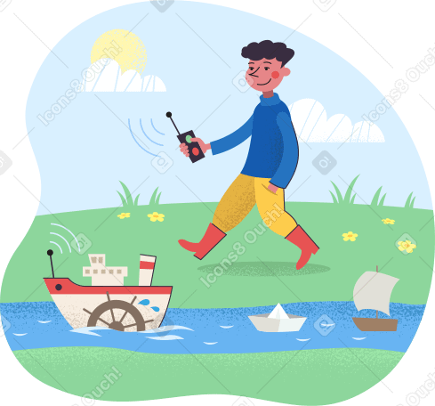 Little boy launching toy ships in a creek PNG, SVG