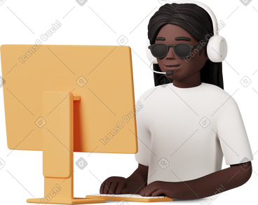 Blind girl sitting in headset in front of computer PNG, SVG