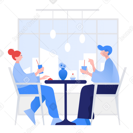 Woman and man talking at the table in a cafe Illustration in PNG, SVG