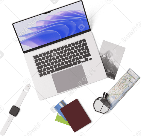 3D top view of laptop, map, passport, credit cards, smartwatch PNG, SVG