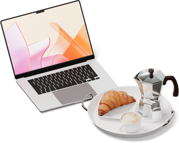 笔记本电脑、摩卡壶、羊角面包和杯子的等距视图 PNG, SVG