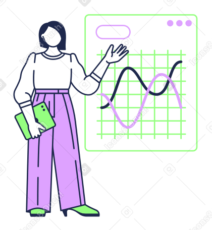곡선 그래프로 프레젠테이션을 하는 여성 PNG, SVG