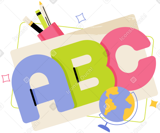 Надпись abc! со звездами, чашкой карандаша и текстом в виде глобуса в PNG, SVG