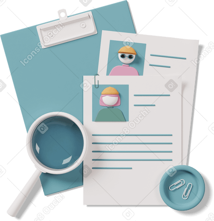 3D looking through resumes animated illustration in GIF, Lottie (JSON), AE