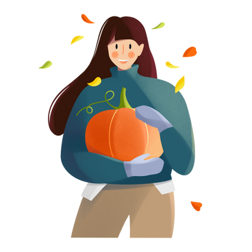 Girl with a pumpkin with autumn leaves falling PNG, SVG