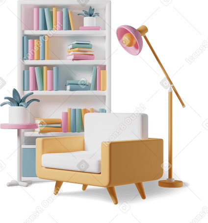 3D Interior set with armchair, bookcase, and floor lamp Illustration in PNG, SVG