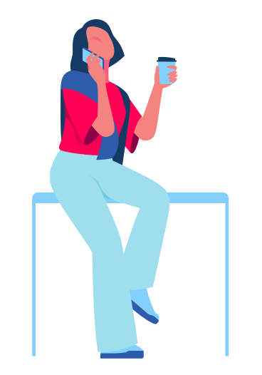 Женщина пьет кофе и разговаривает по телефону в PNG, SVG