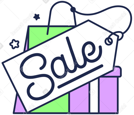 Надпись «распродажа» на купоне с текстом сумки и коробки в PNG, SVG