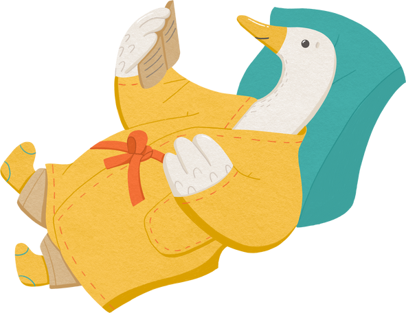 goose is lying on a pillow in a yellow robe and reading book Illustration in PNG, SVG