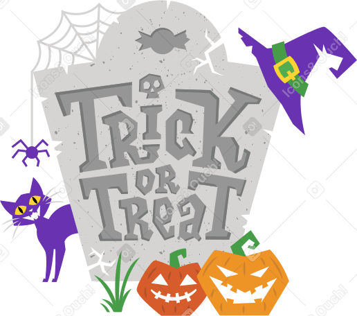 lettering trick or treat on the tombstone with cat, witch hat and pumpkins text PNG, SVG