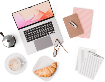 Vue de dessus d'un ordinateur portable, d'une cafetière moka, de cahiers, d'un croissant, d'une tasse de café PNG, SVG