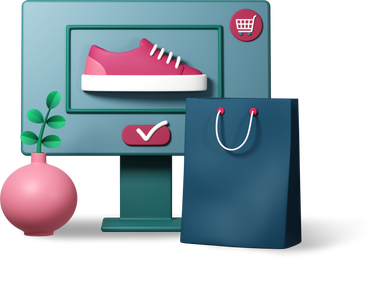 computer screen, online shopping with shoe, shopping bag and vase PNG, SVG