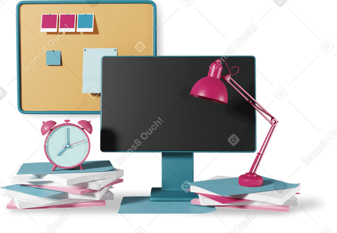 3D noteboard with computer screen, lamp and alarm clock PNG, SVG
